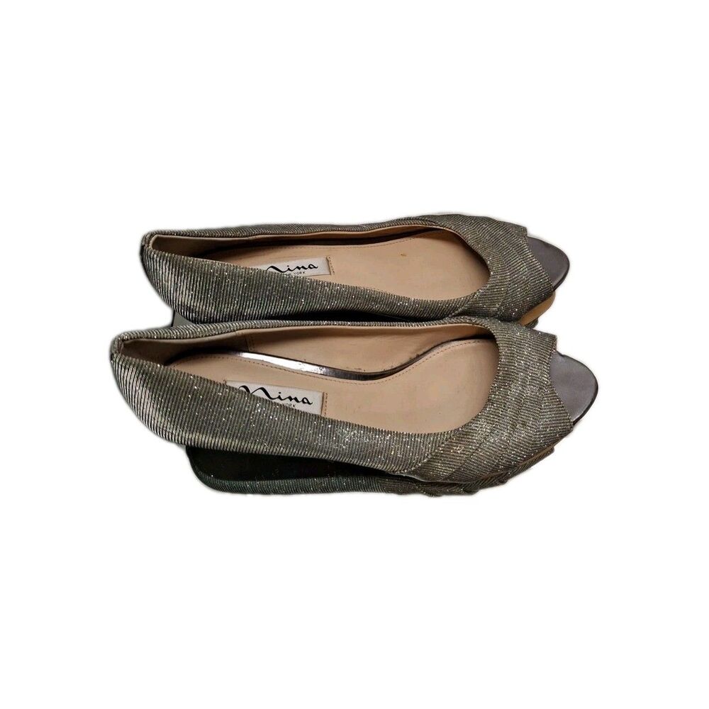 Nina New York  NEW Peep Toe  Silver Sparkle Wedge